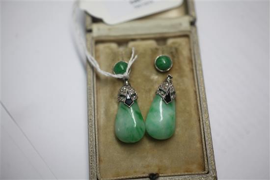 A pair of 1930s Art Deco jade, black onyx and diamond set pear shaped drop earrings, 1.5in.